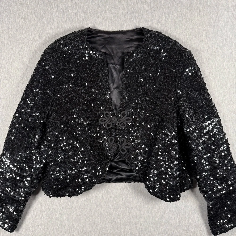 Vintage Union Made ILGWU Black Sequin Cropped Bolero Jacket w/ Frog Closure - Picture 6 of 16